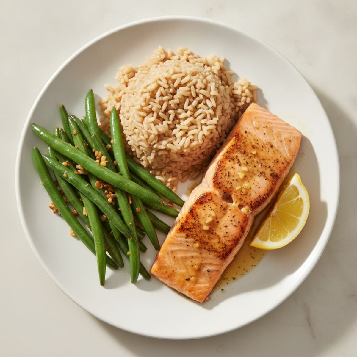 Seared Salmon with Garlic Green Beans and Brown Rice