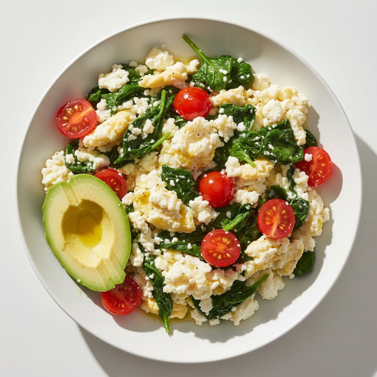 Egg White Spinach Scramble with Cottage Cheese and Cherry Tomatoes