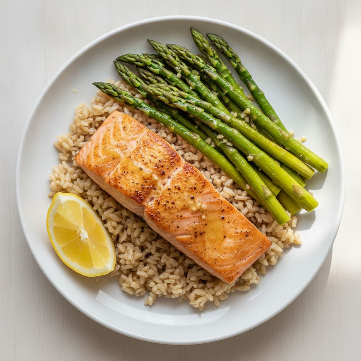 Seared Salmon Fillet with Sautéed Asparagus and Brown Rice