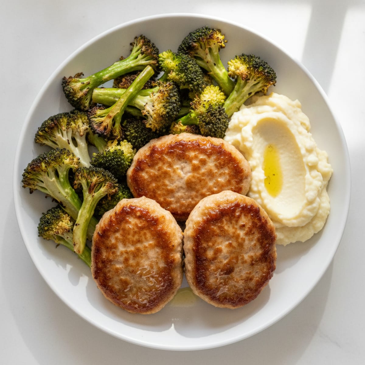 Seared Turkey Patties with Roasted Broccoli and Garlic Mashed Cauliflower