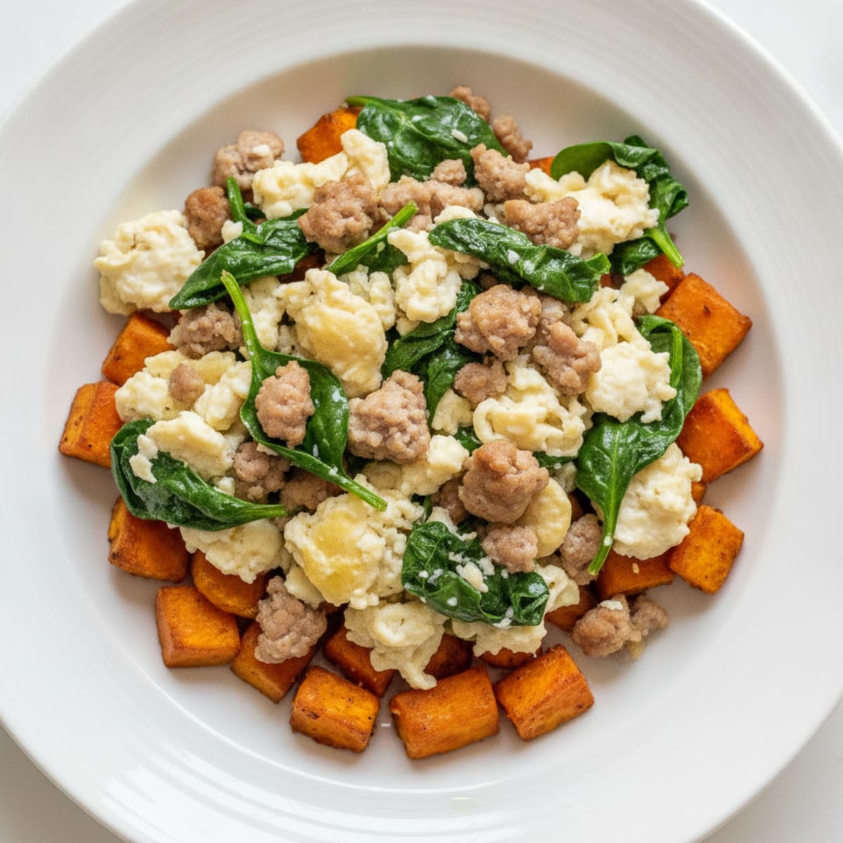 Egg White and Turkey Sausage Scramble with Spinach and Roasted Sweet Potatoes