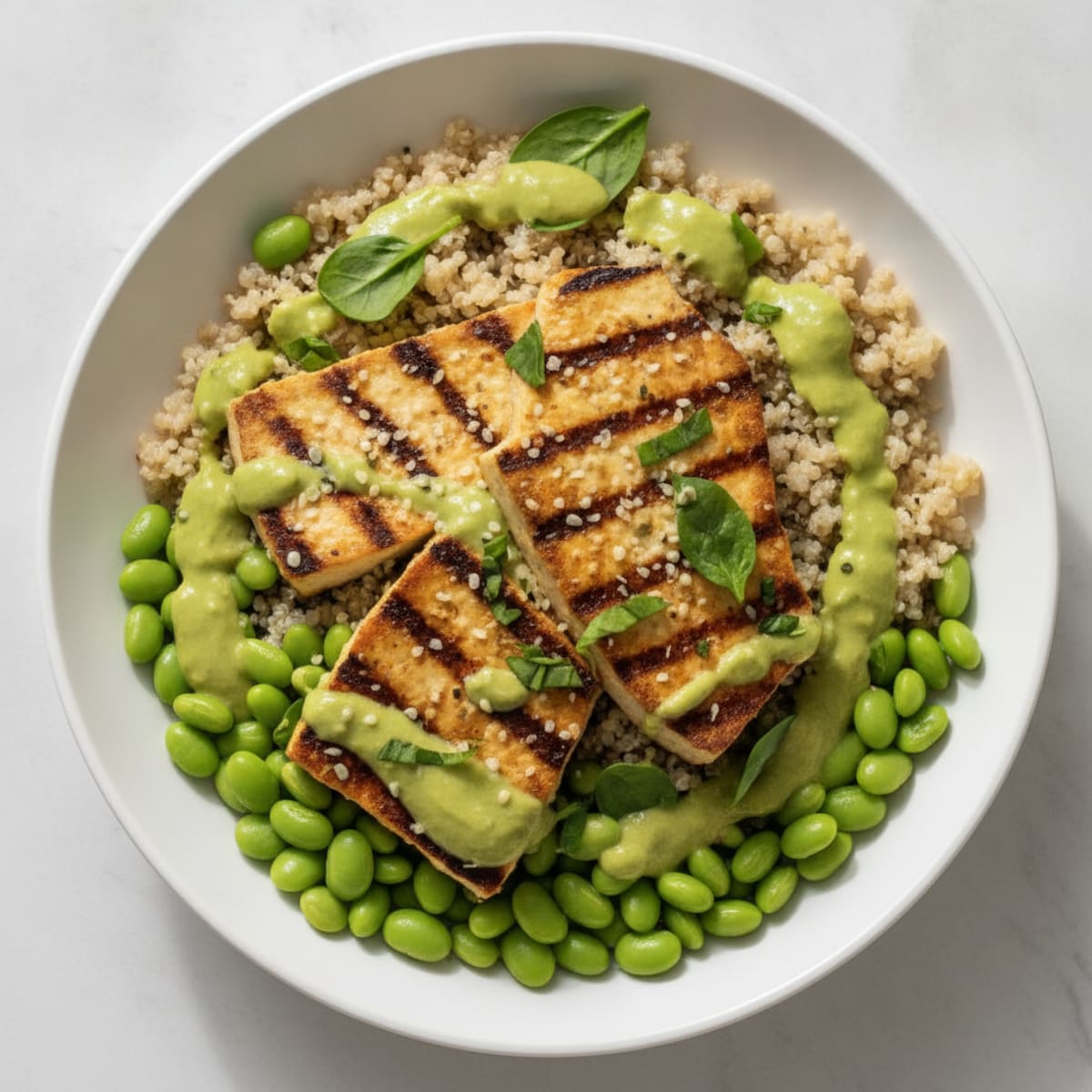 Grilled Tofu and Quinoa Bowl with Creamy Avocado Dressing