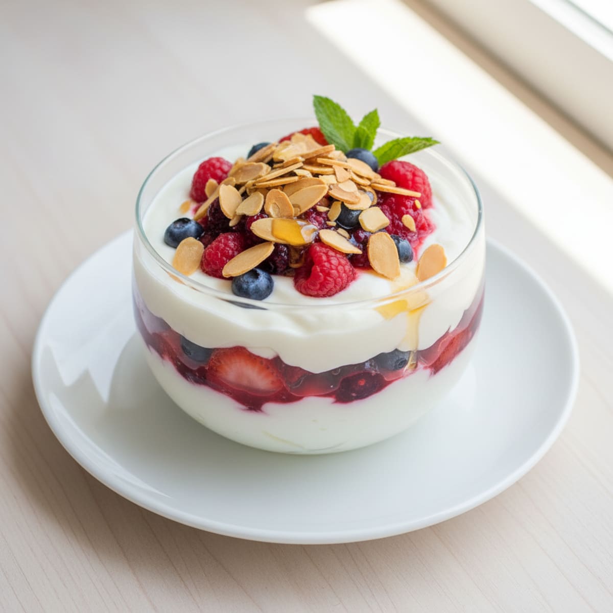 Greek Yogurt Protein Parfait with Mixed Berries and Almonds