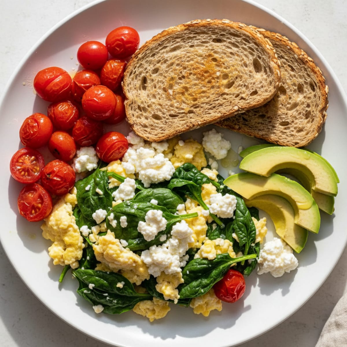 Egg White and Spinach Scramble with Cottage Cheese and Cherry Tomatoes