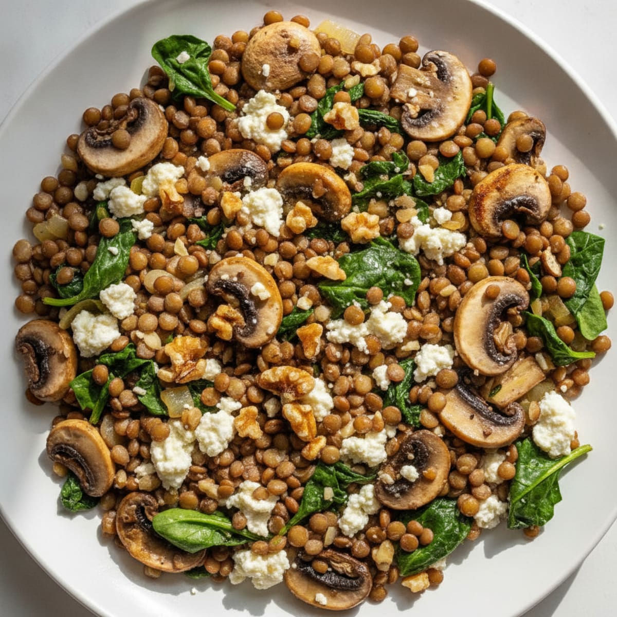 Lentil and Cottage Cheese Skillet with Spinach and Mushrooms
