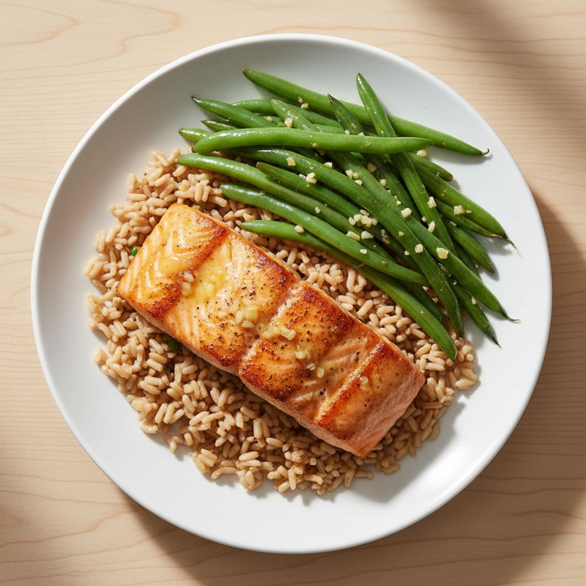 Seared Salmon with Garlic Green Beans and Brown Rice
