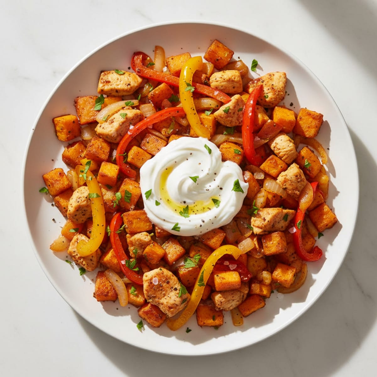 Chicken and Sweet Potato Hash with Yogurt