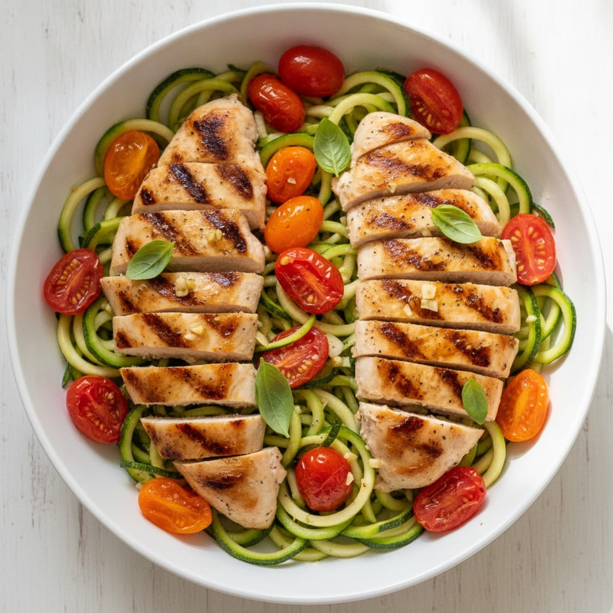 Grilled Chicken Zoodle Bowl with Fresh Basil and Tomato