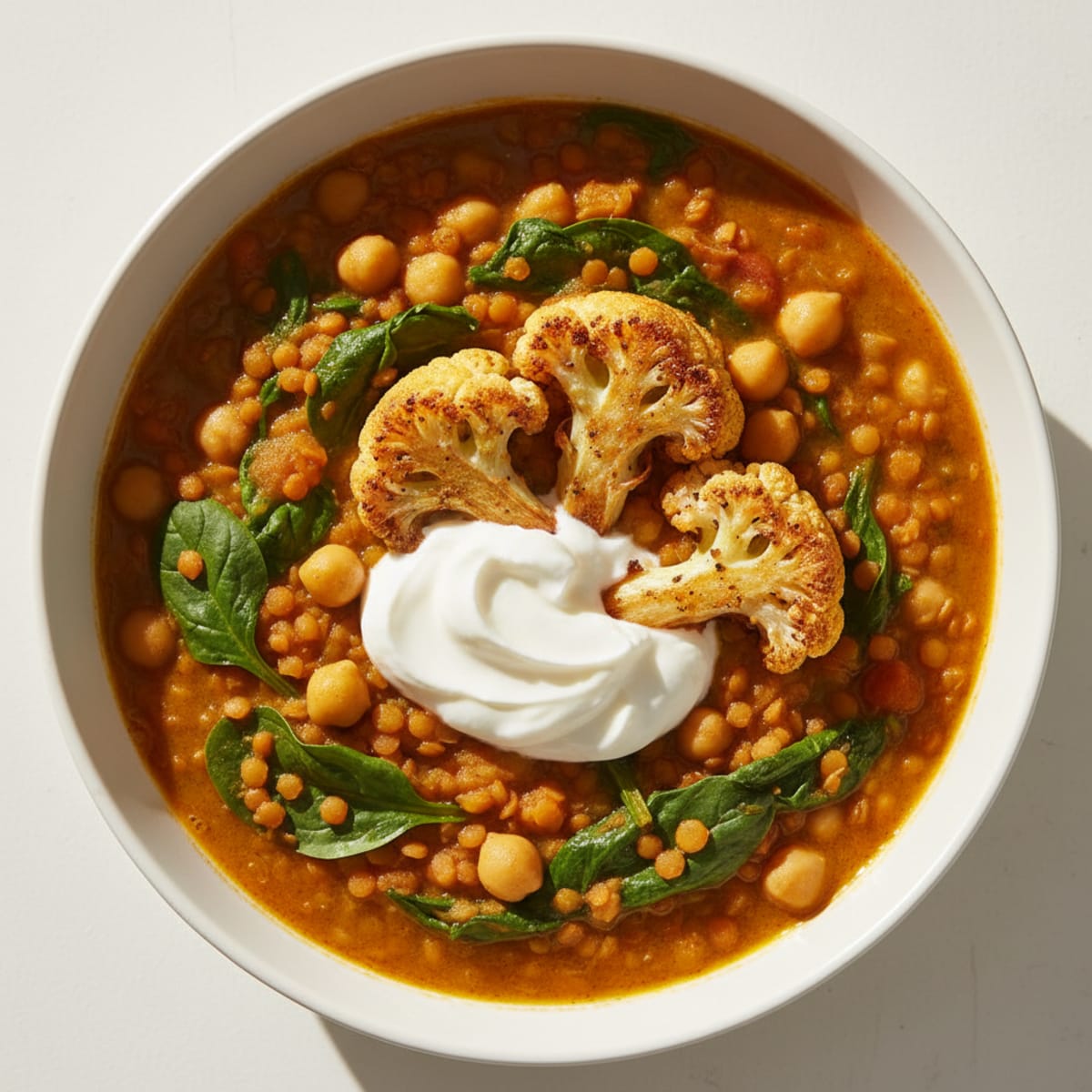 Creamy Lentil and Chickpea Stew with Spinach and Roasted Cauliflower
