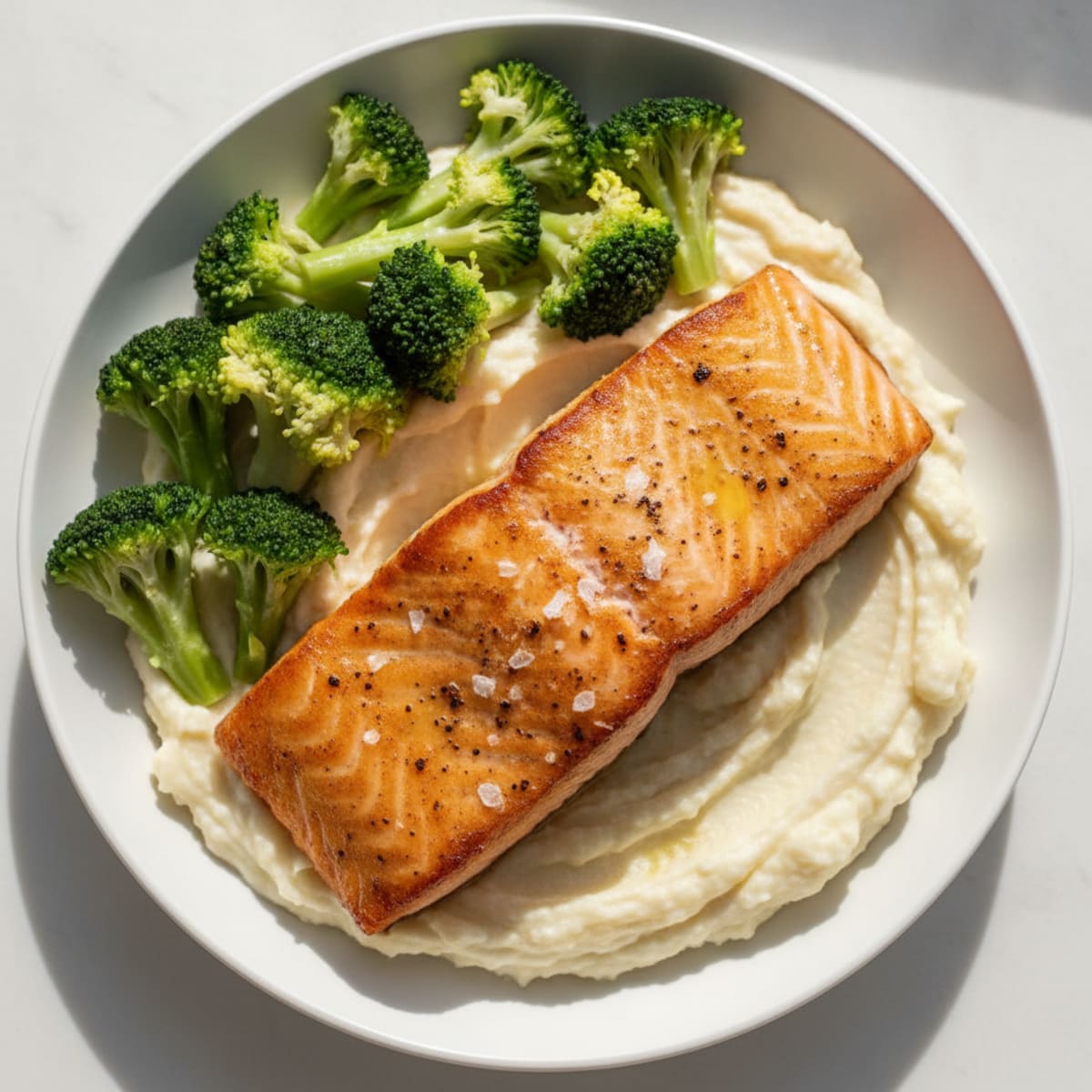 Seared Salmon with Steamed Broccoli and Creamy Cauliflower Mash