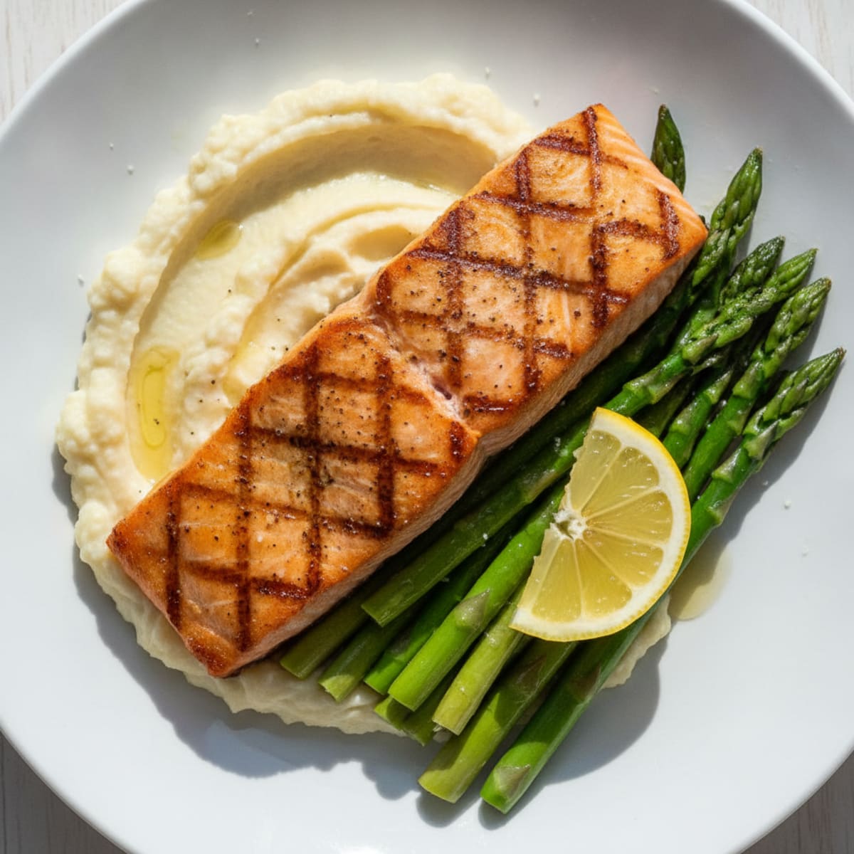 Seared Salmon with Steamed Asparagus and Cauliflower Mash