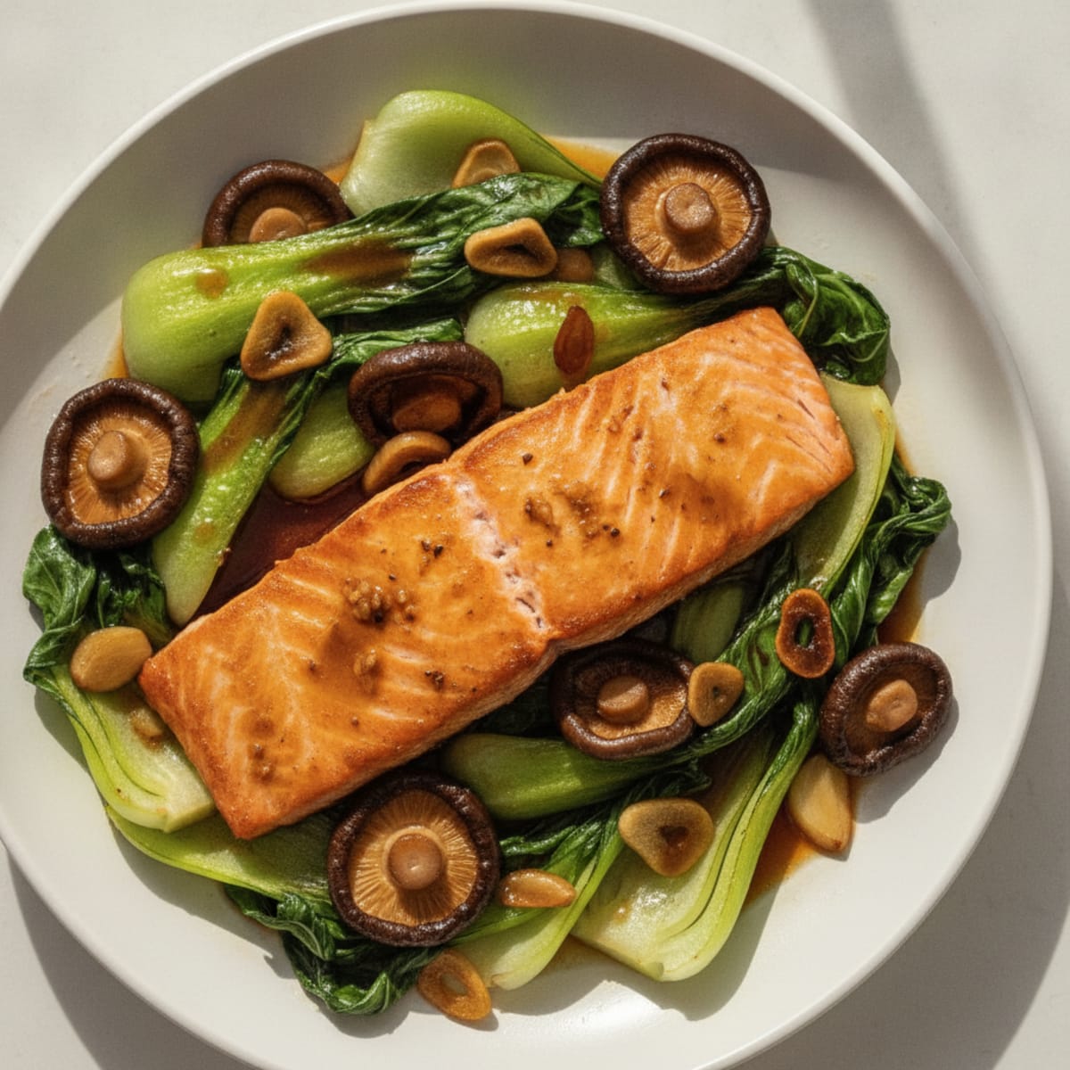 Seared Salmon with Bok Choy and Garlic Mushrooms