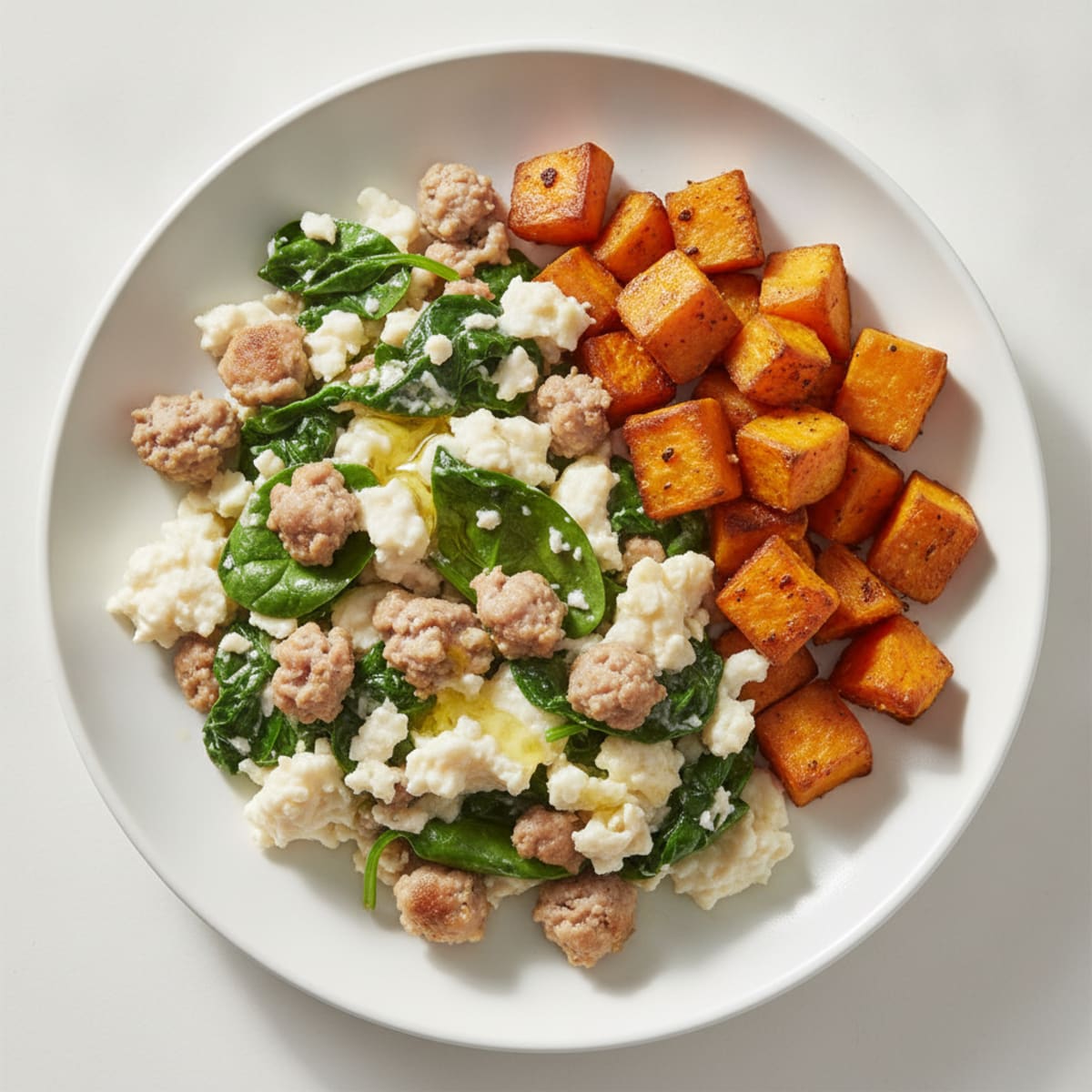 Egg White and Turkey Sausage Scramble with Spinach and Roasted Sweet Potato