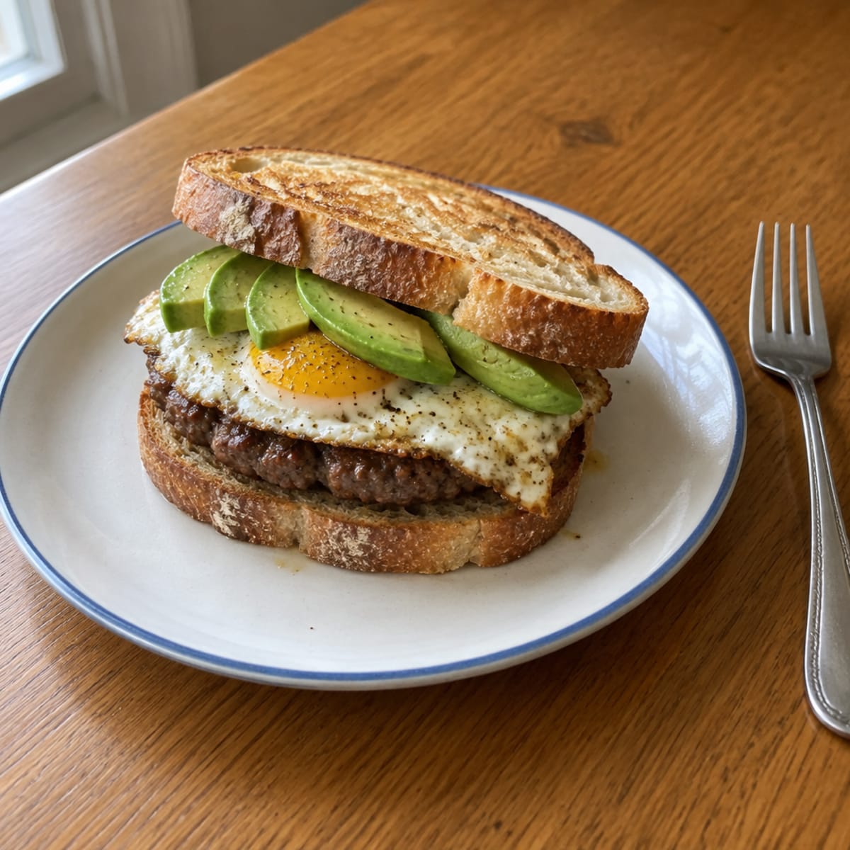 Beef sausage, egg, and avocado sourdough