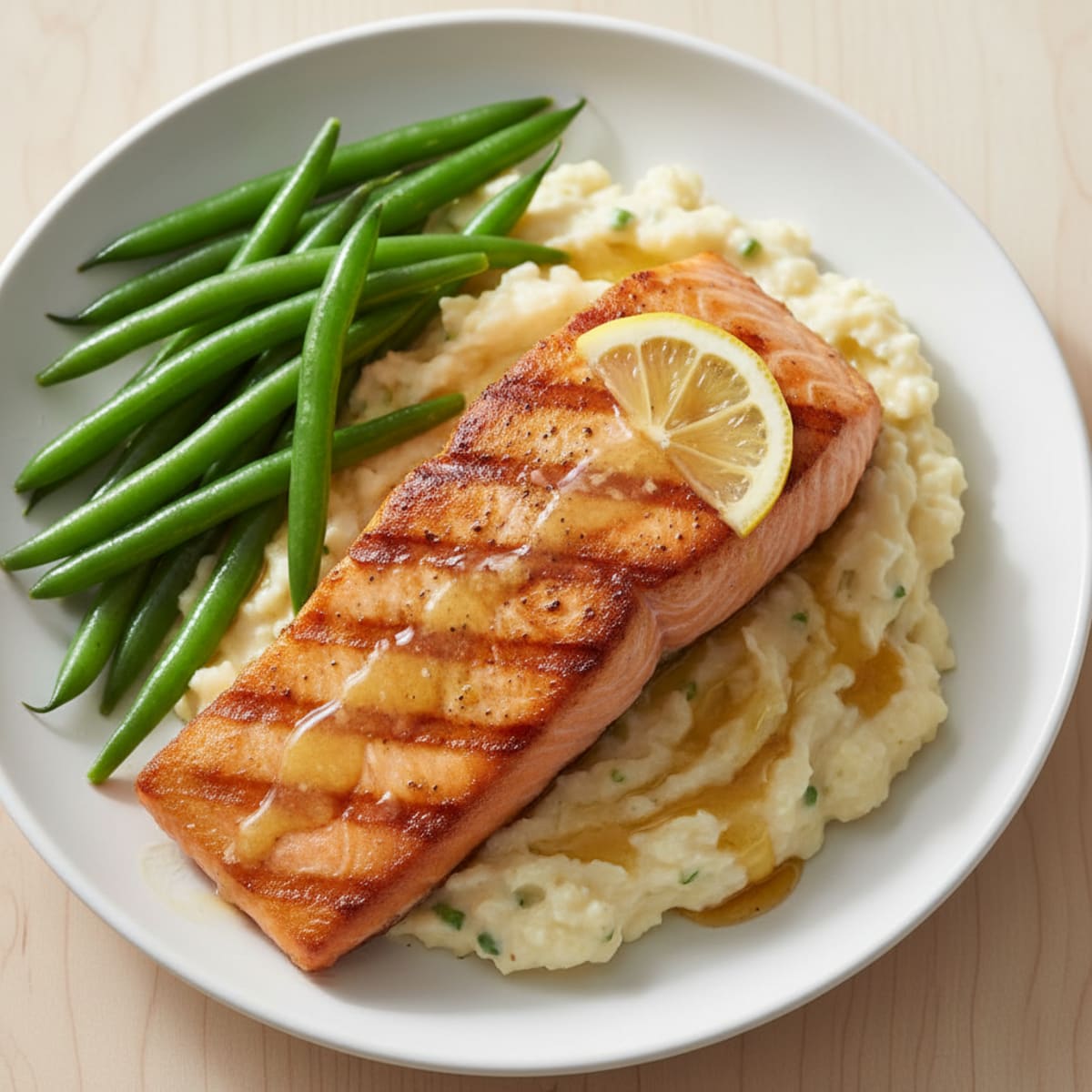 Seared Salmon Fillet with Steamed Green Beans and Garlic Mashed Cauliflower