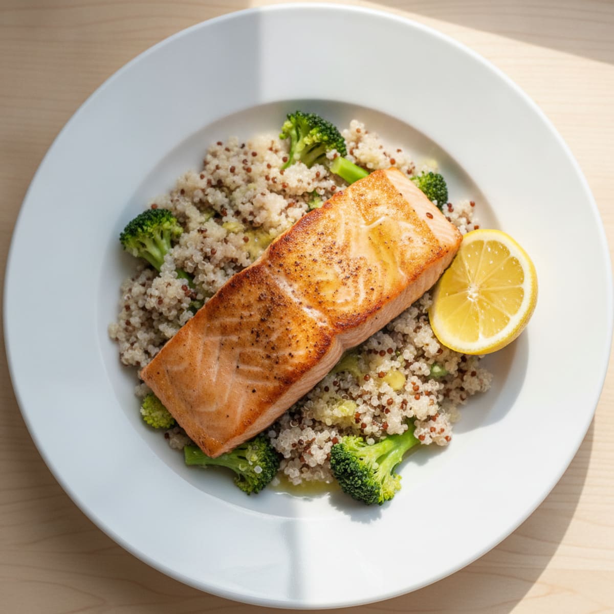 Seared Salmon with Steamed Broccoli and Quinoa