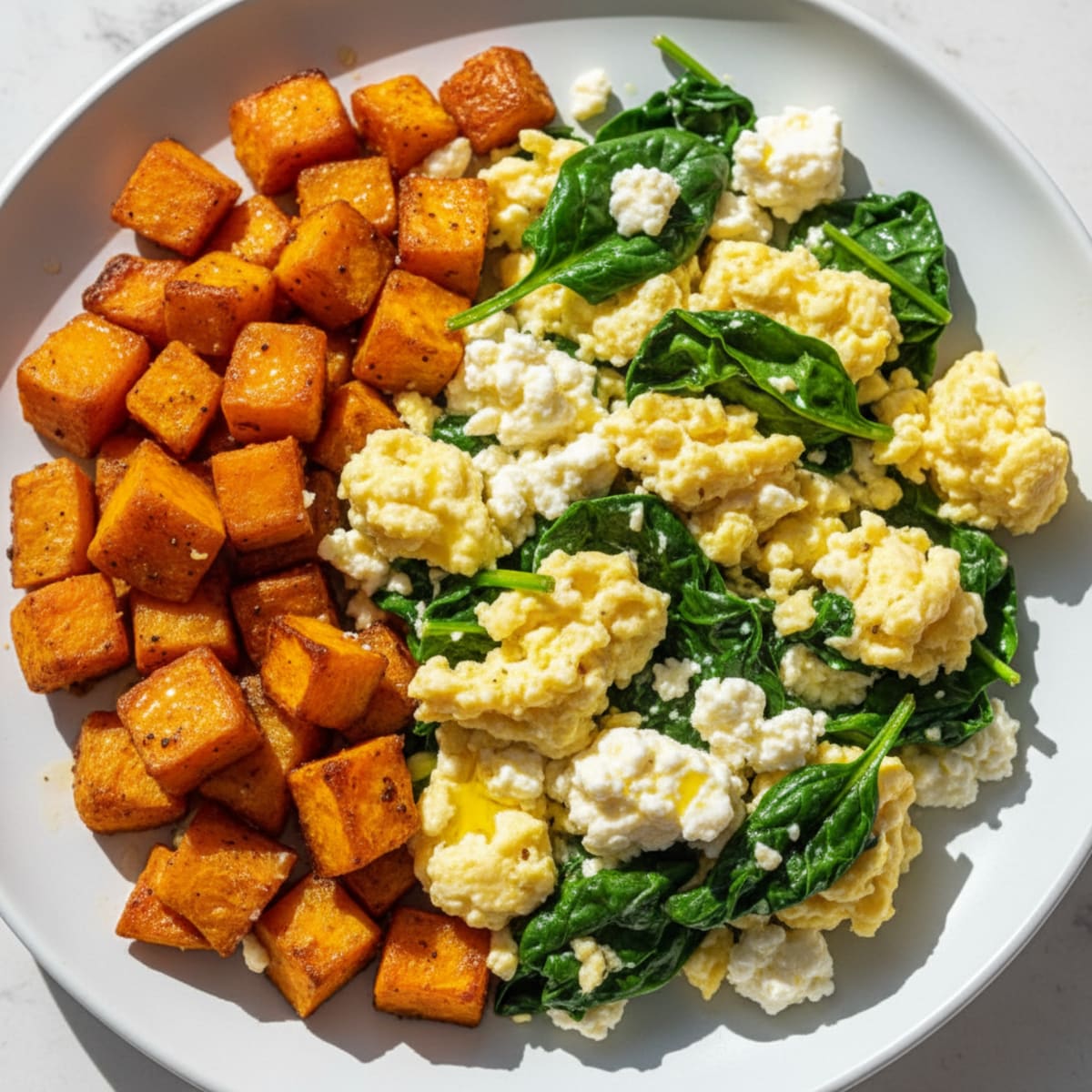 Cottage Cheese Scramble with Spinach and Roasted Sweet Potato