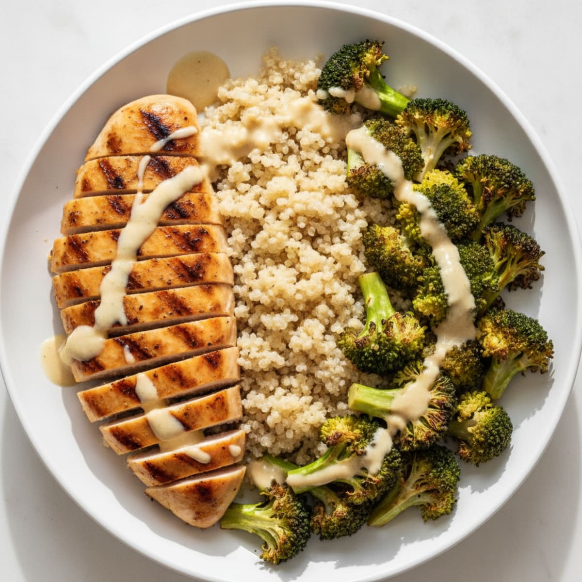 Grilled Chicken and Quinoa Bowl with Roasted Broccoli and Lemon Tahini Drizzle