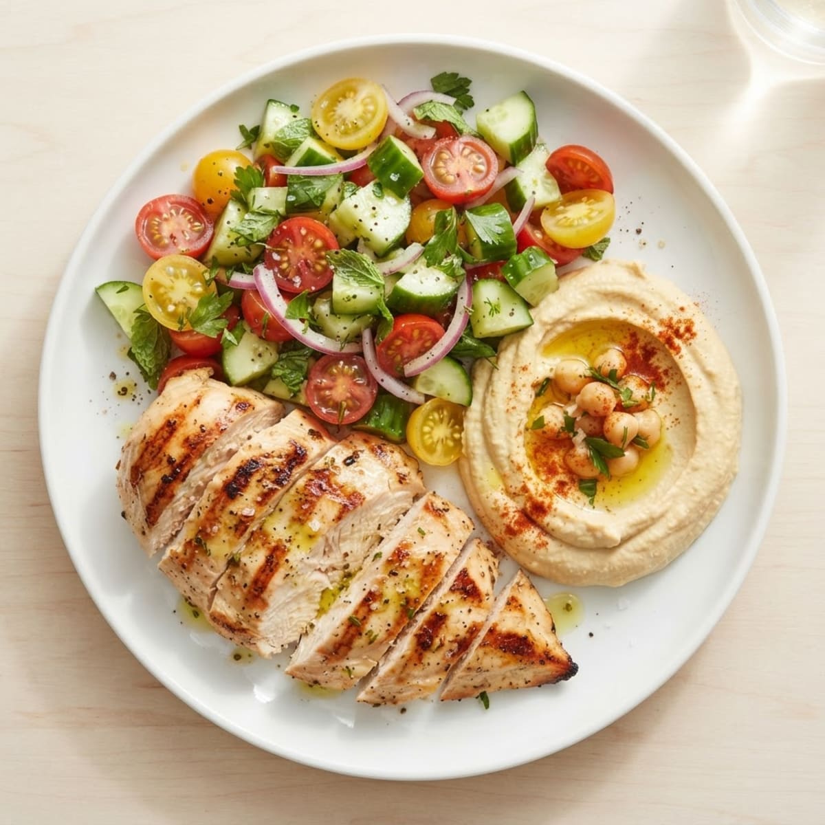 Grilled Chicken with Cucumber Tomato Salad and Hummus