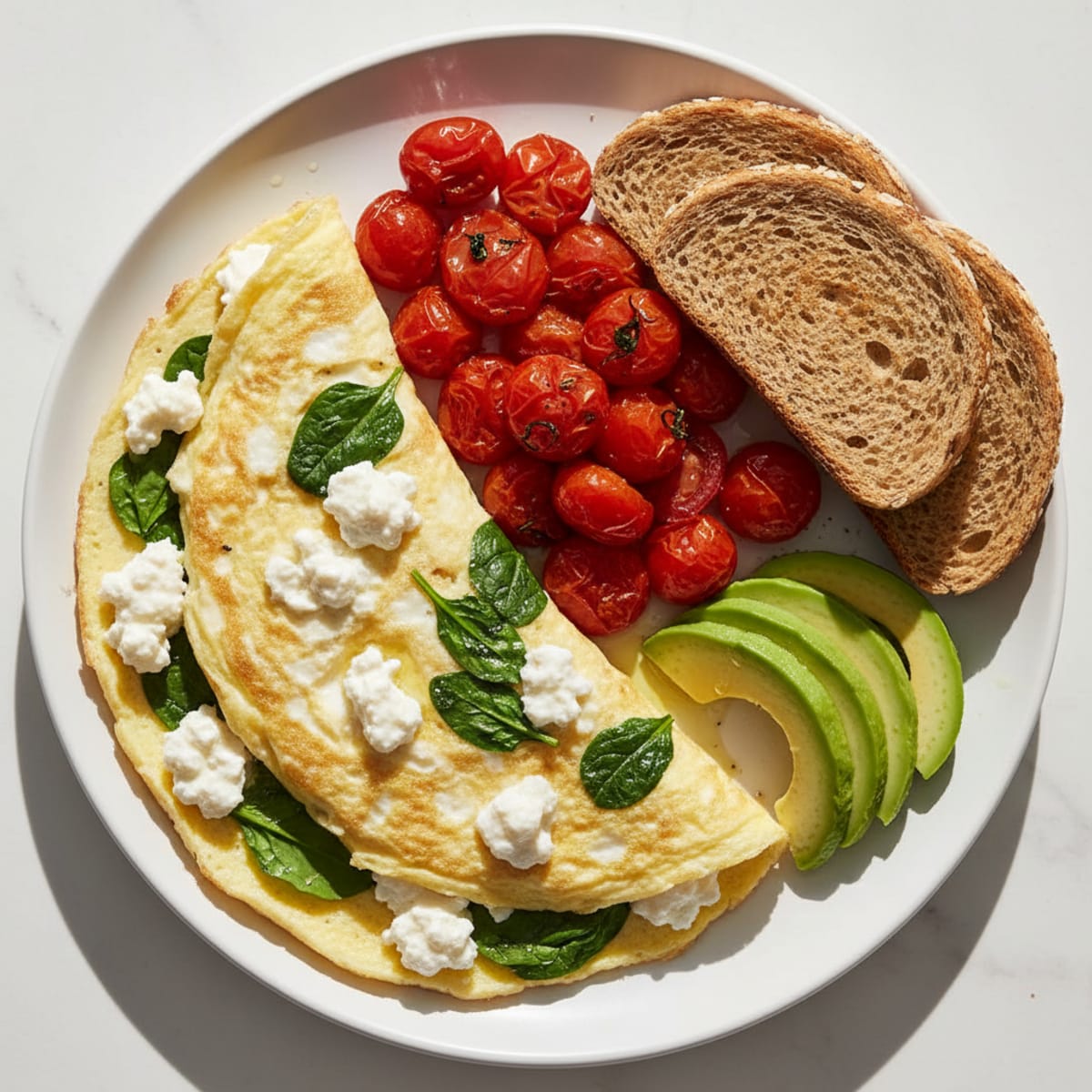 Egg White Spinach Omelet with Cottage Cheese and Sautéed Tomatoes