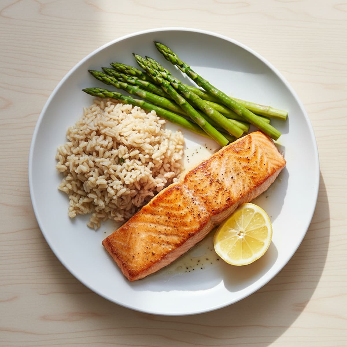 Seared Salmon Fillet with Steamed Asparagus and Brown Rice