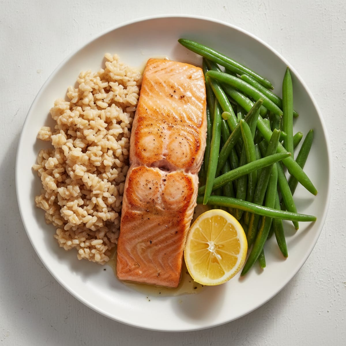 Seared Salmon Fillet with Steamed Green Beans and Brown Rice