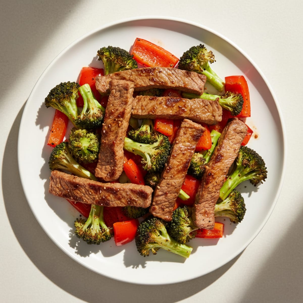 Seared Lean Beef Strips with Roasted Broccoli and Red Peppers