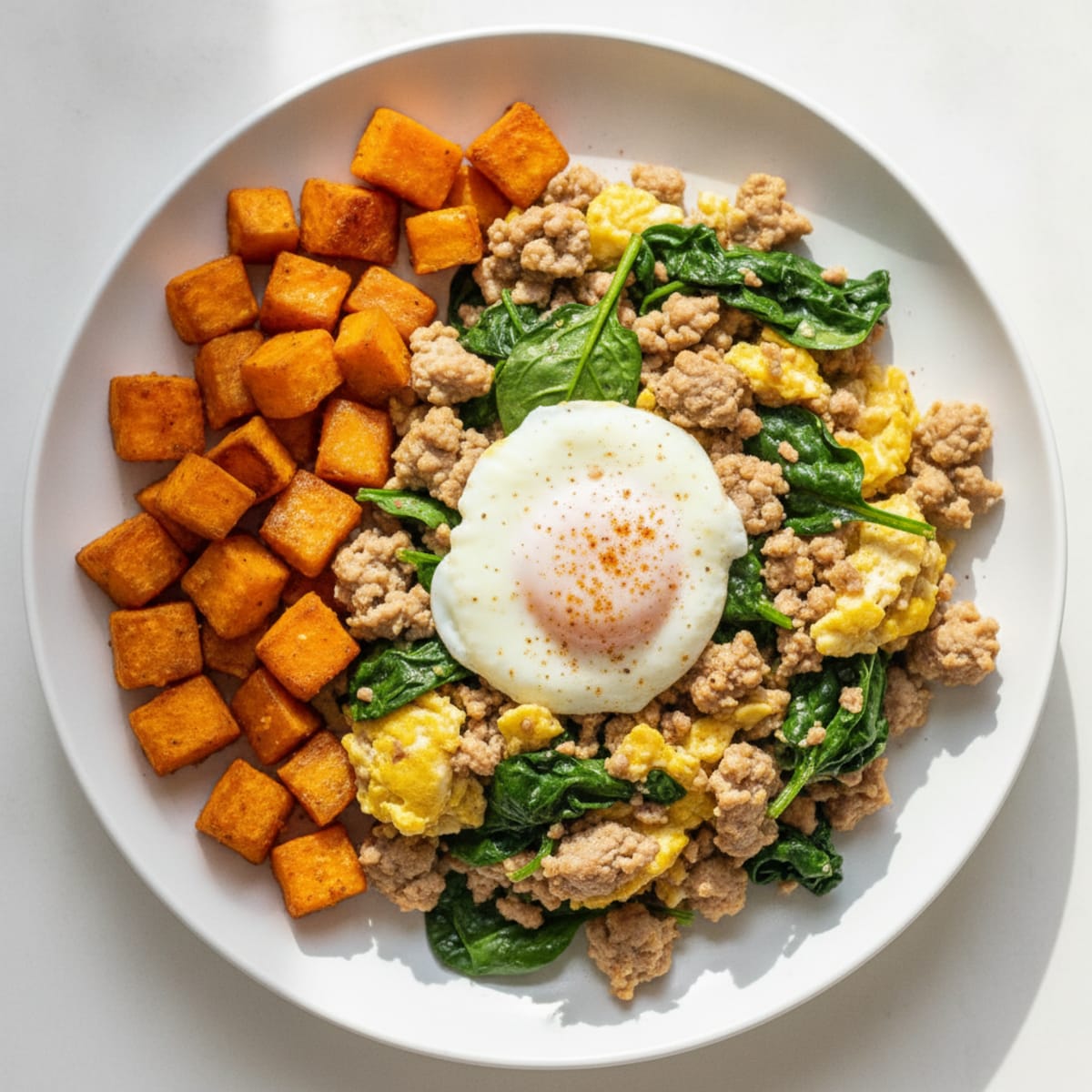 Ground Turkey and Spinach Egg Scramble with Sweet Potato Hash