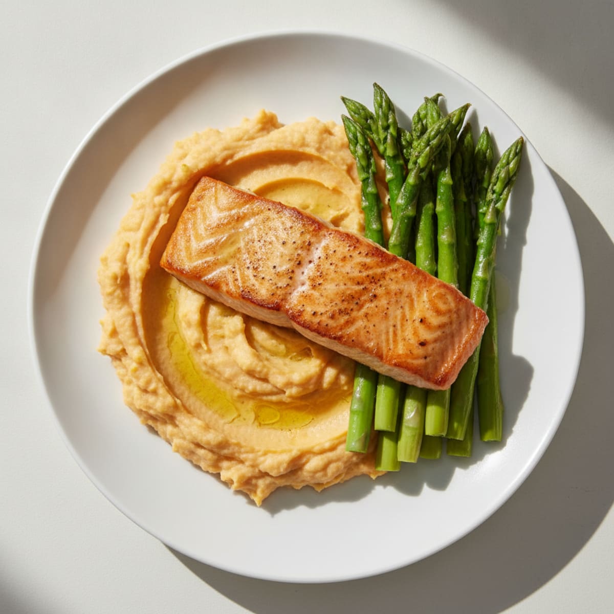 Seared Salmon with Steamed Asparagus and Sweet Potato Mash