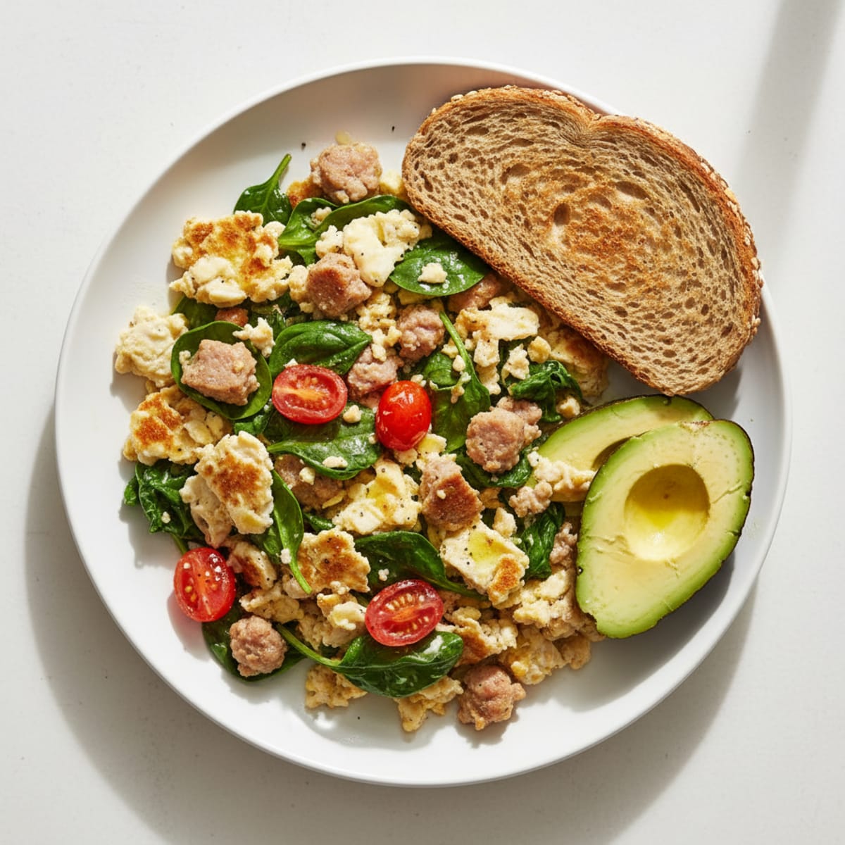 Egg White and Turkey Sausage Scramble with Spinach and Tomatoes