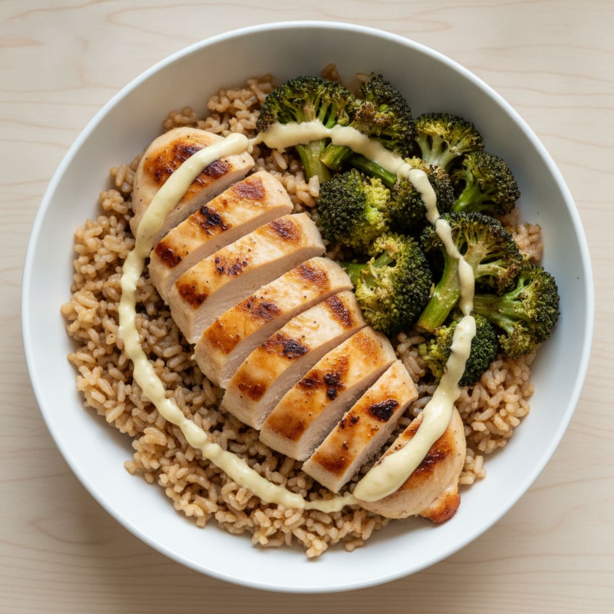 Grilled Chicken Rice Bowl with Roasted Broccoli and Lemon-Tahini Drizzle