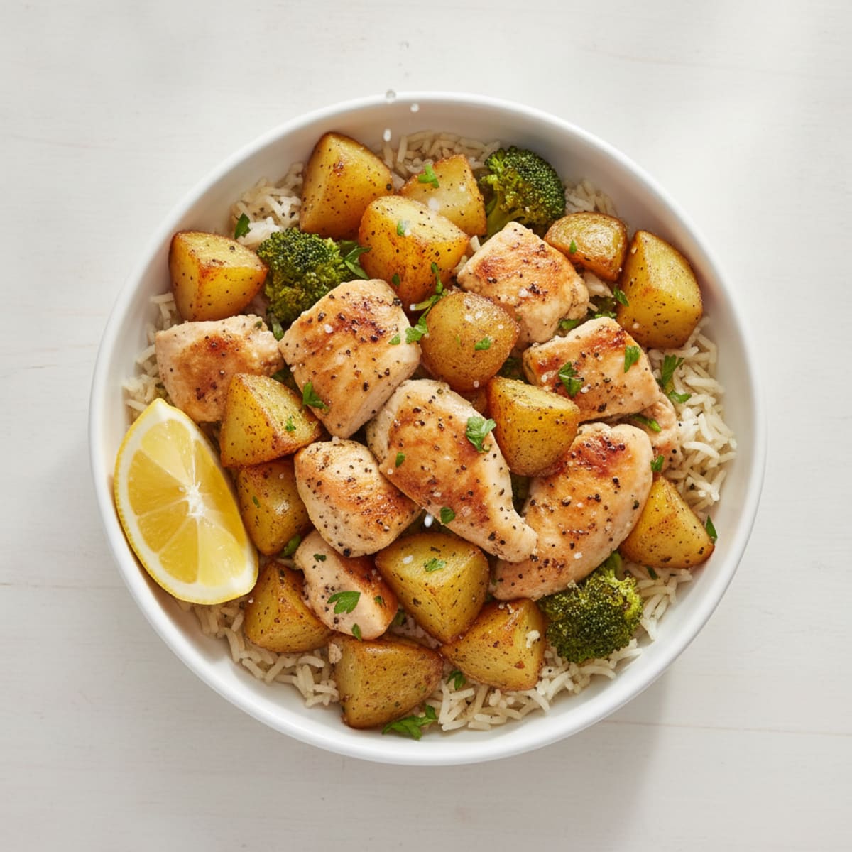Garlic Herb Roasted Potato and Chicken Rice Bowl