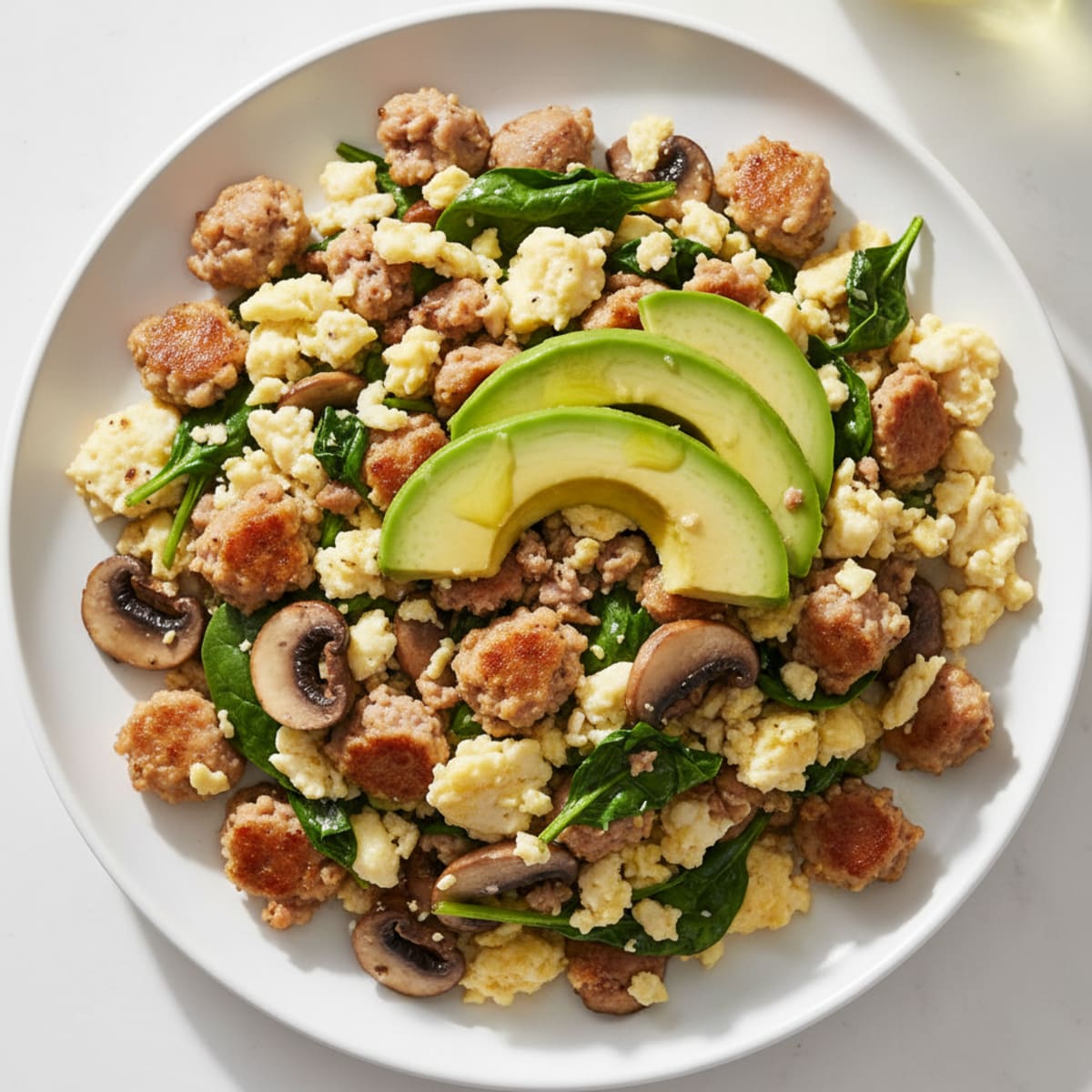 Egg White and Turkey Sausage Scramble with Spinach and Mushrooms
