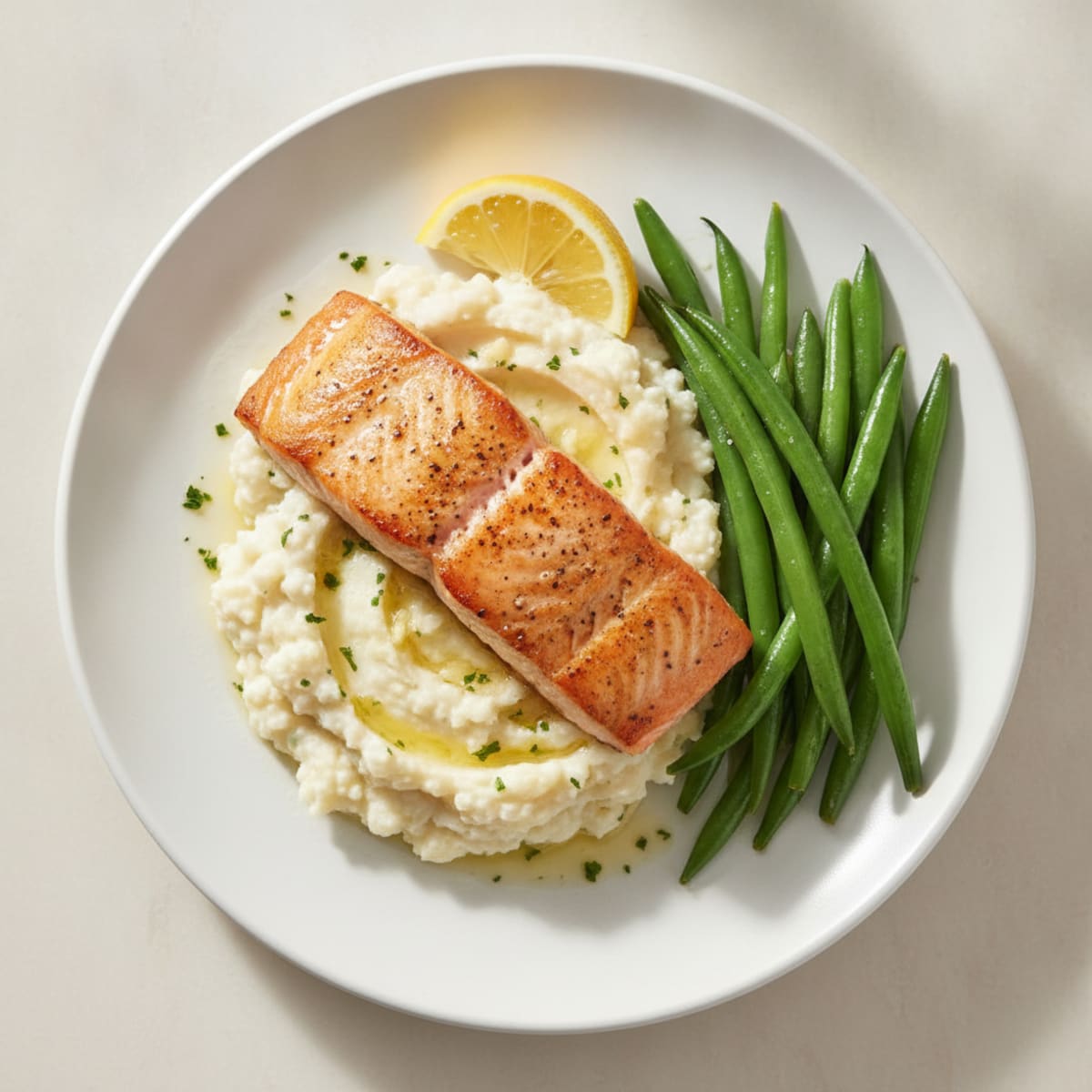 Seared Salmon with Steamed Green Beans and Garlic Mashed Cauliflower