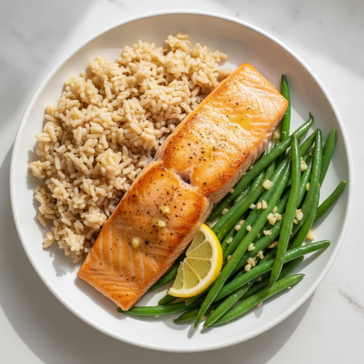 Seared Salmon with Garlic Green Beans and Brown Rice