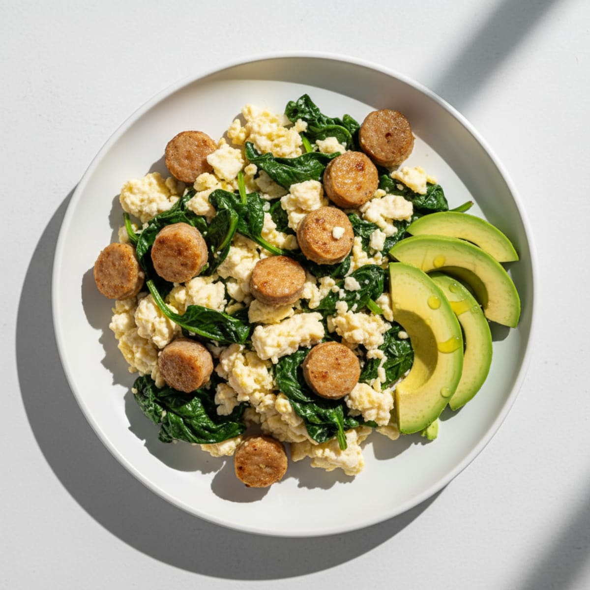 Egg White and Turkey Sausage Scramble with Sautéed Spinach