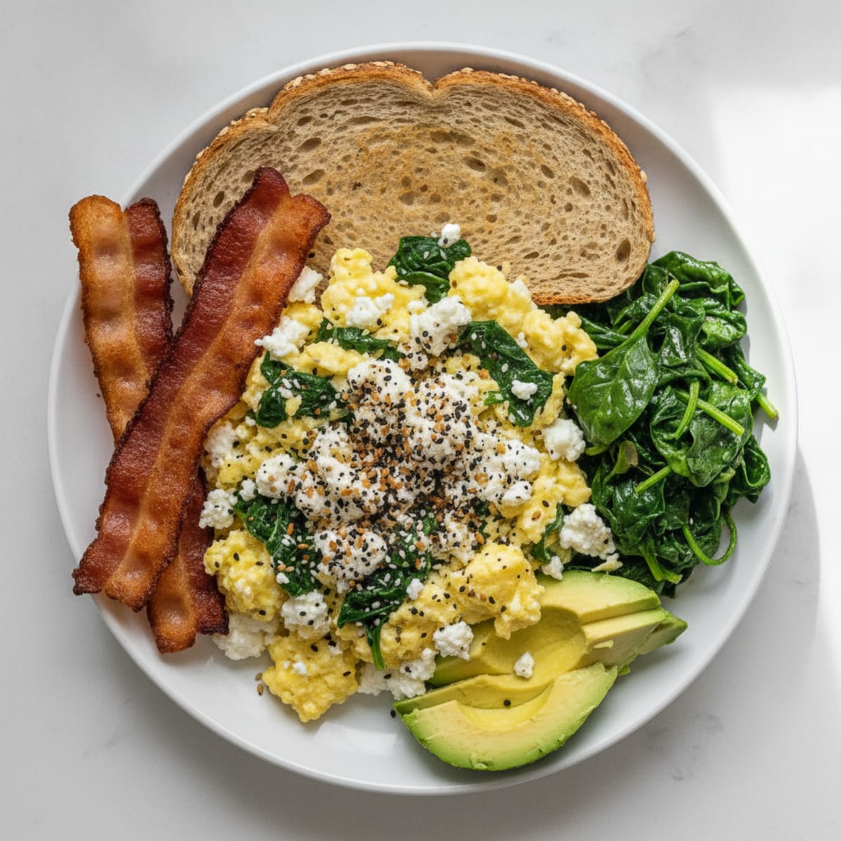 Cottage Cheese Scramble with Sautéed Spinach and Turkey Bacon