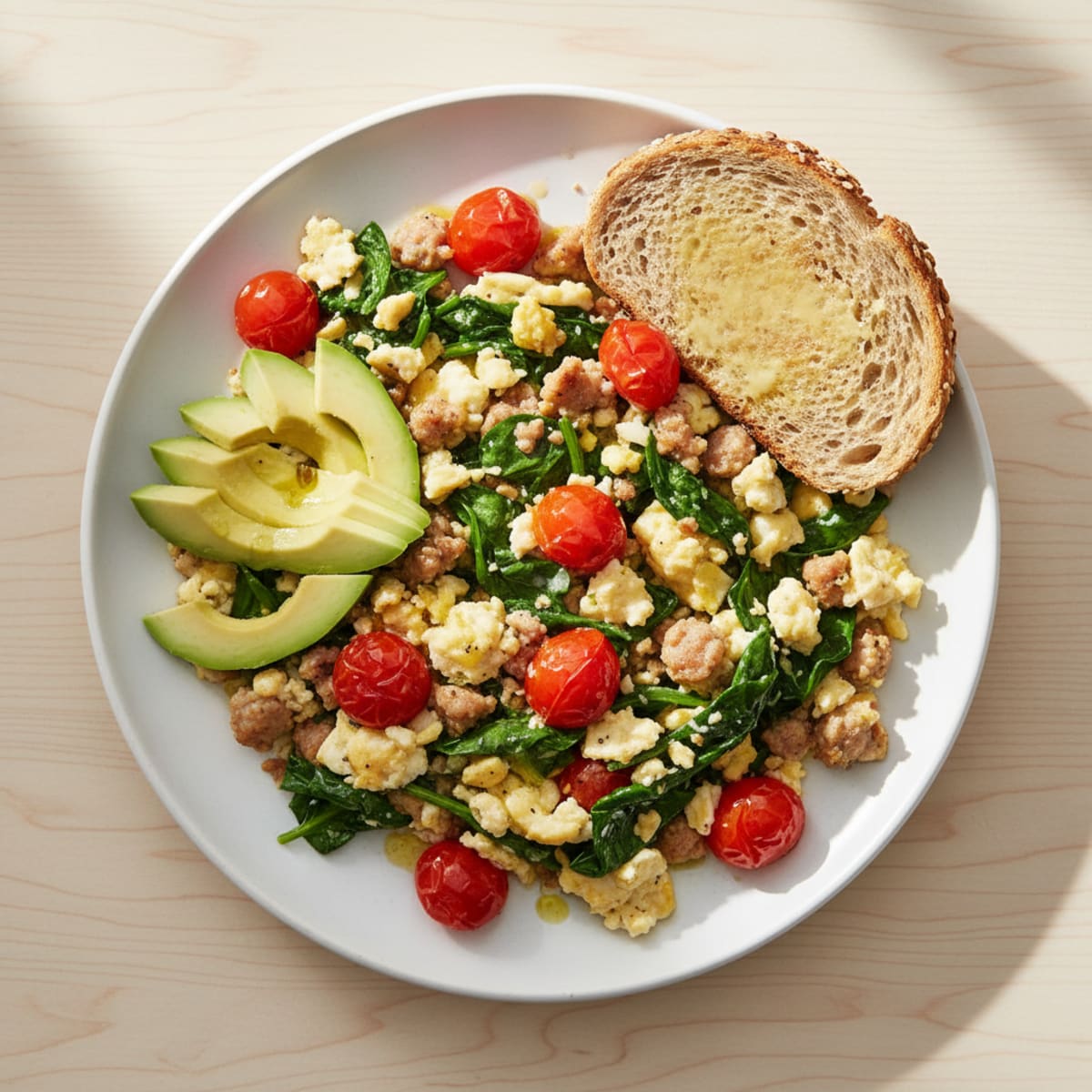 Egg White and Turkey Sausage Scramble with Spinach and Cherry Tomatoes