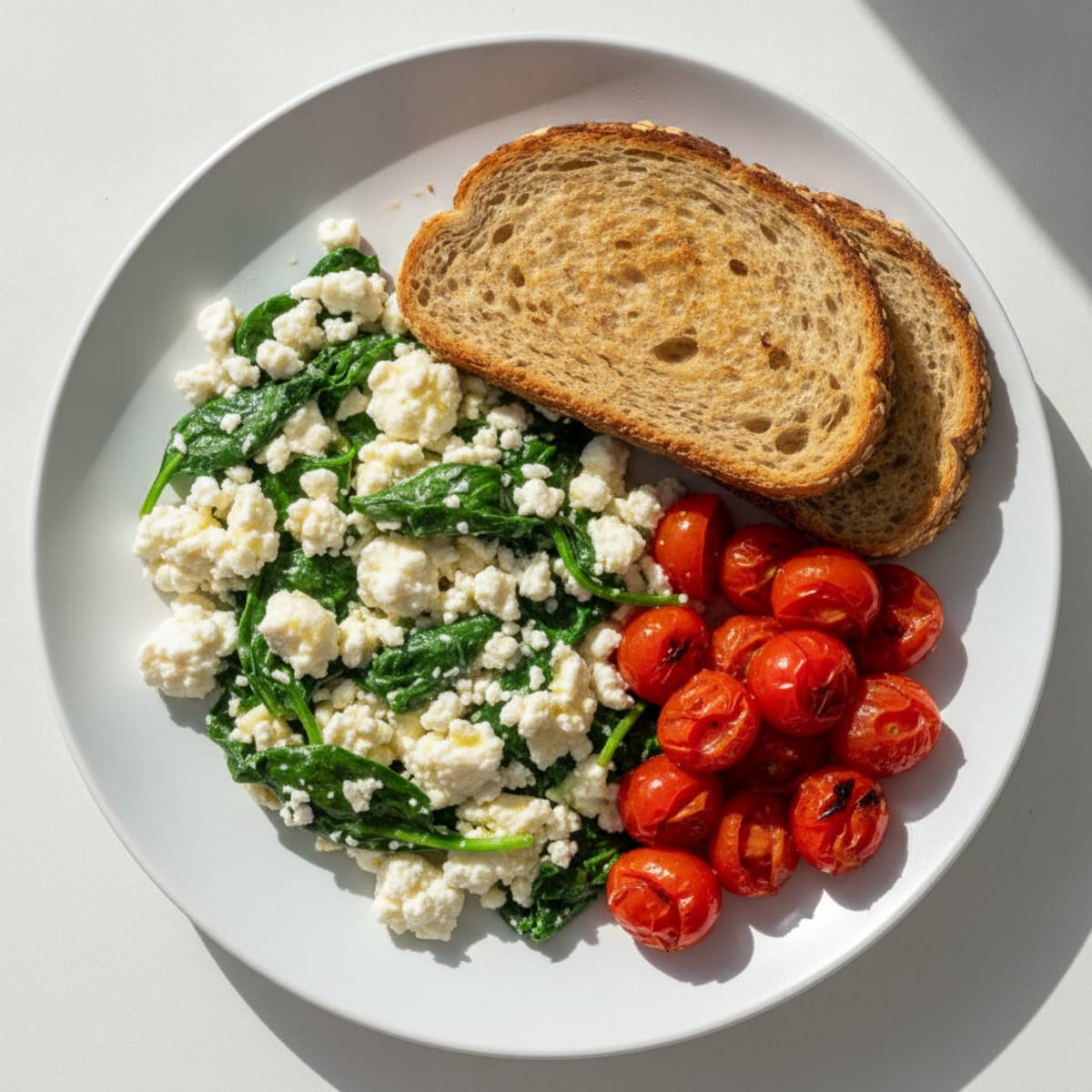 Egg White Spinach Scramble with Cottage Cheese and Cherry Tomatoes
