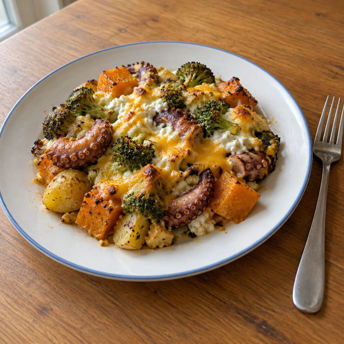 Roasted octopus and pumpkin bake