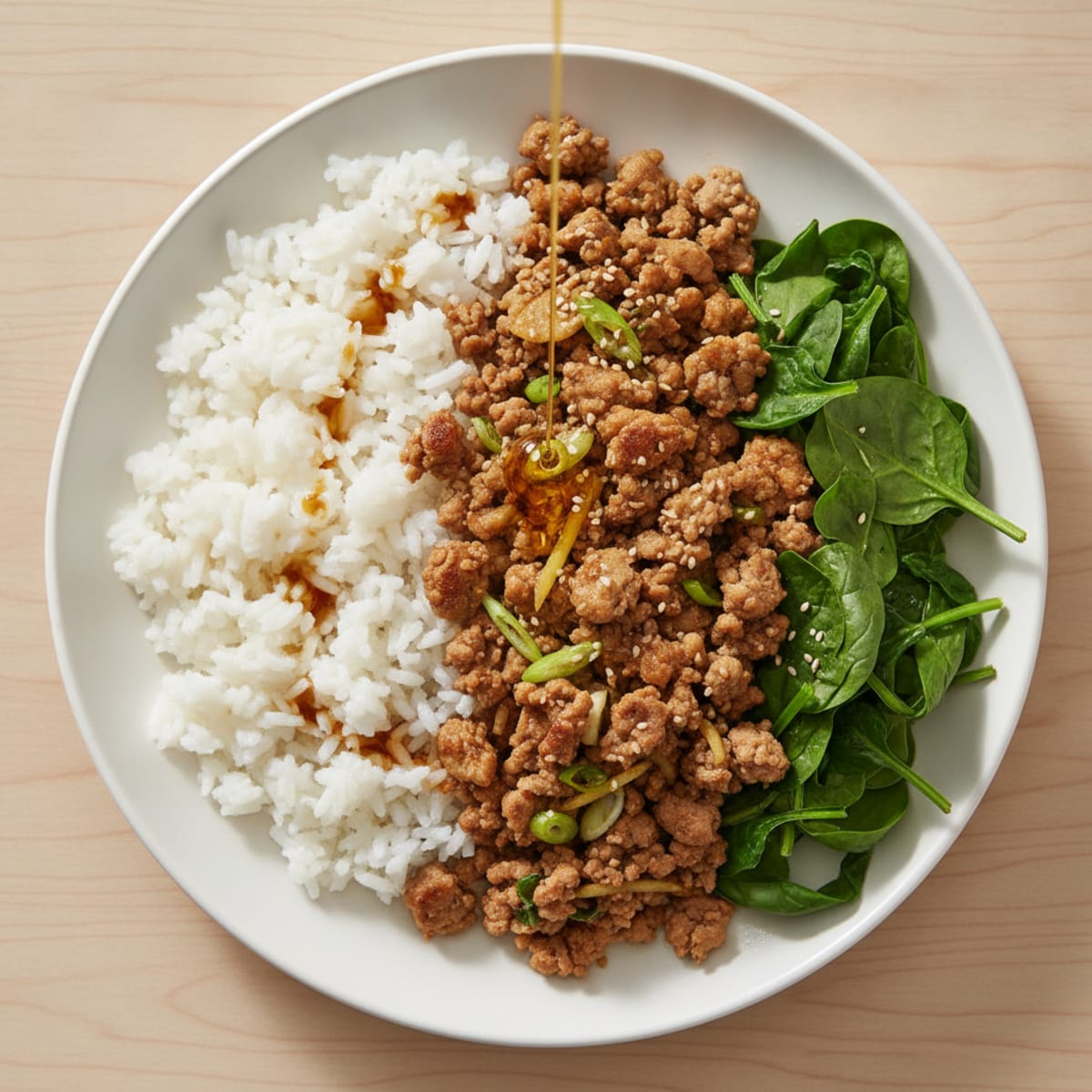 Ground Turkey Stir Fry with White Rice and Sautéed Spinach