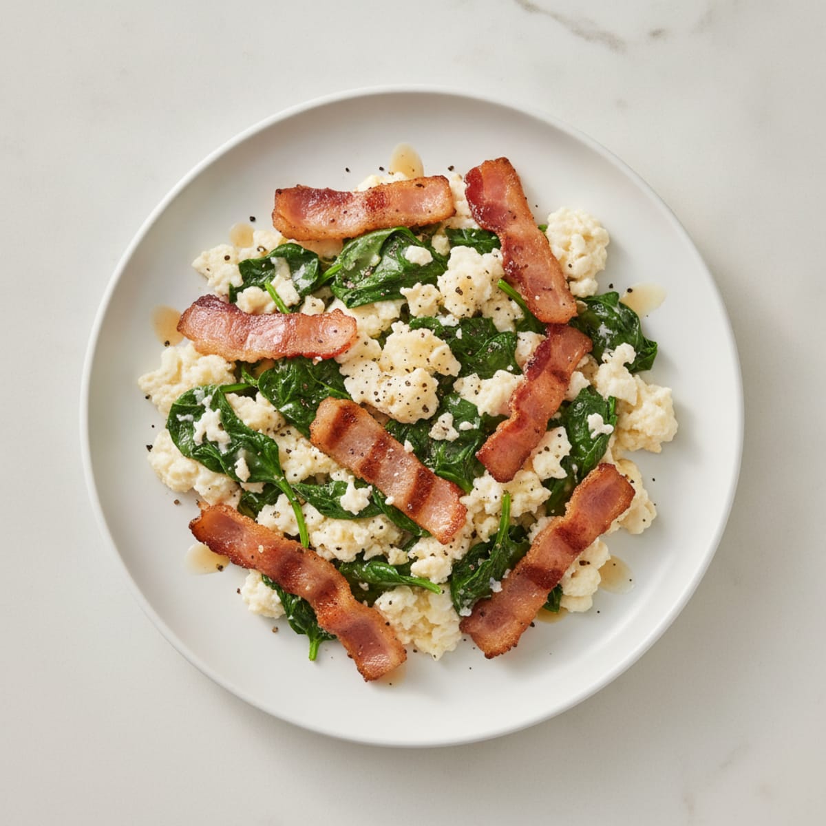 Egg White Spinach Scramble with Grilled Turkey Bacon