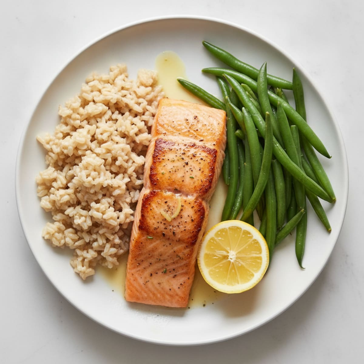 Seared Salmon Fillet with Steamed Green Beans and Brown Rice
