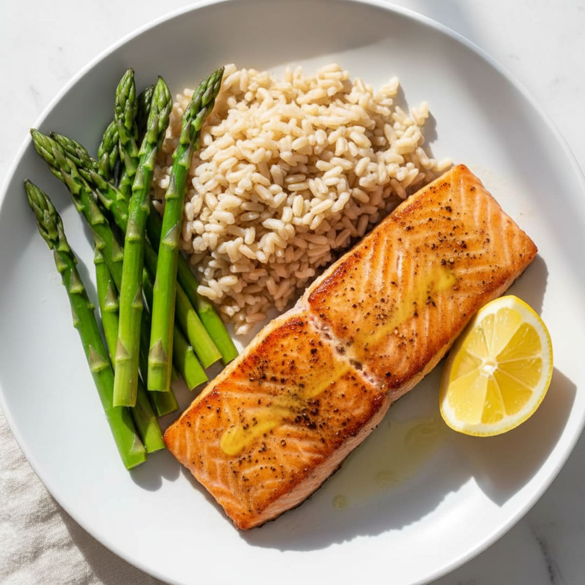 Seared Salmon with Steamed Asparagus and Brown Rice