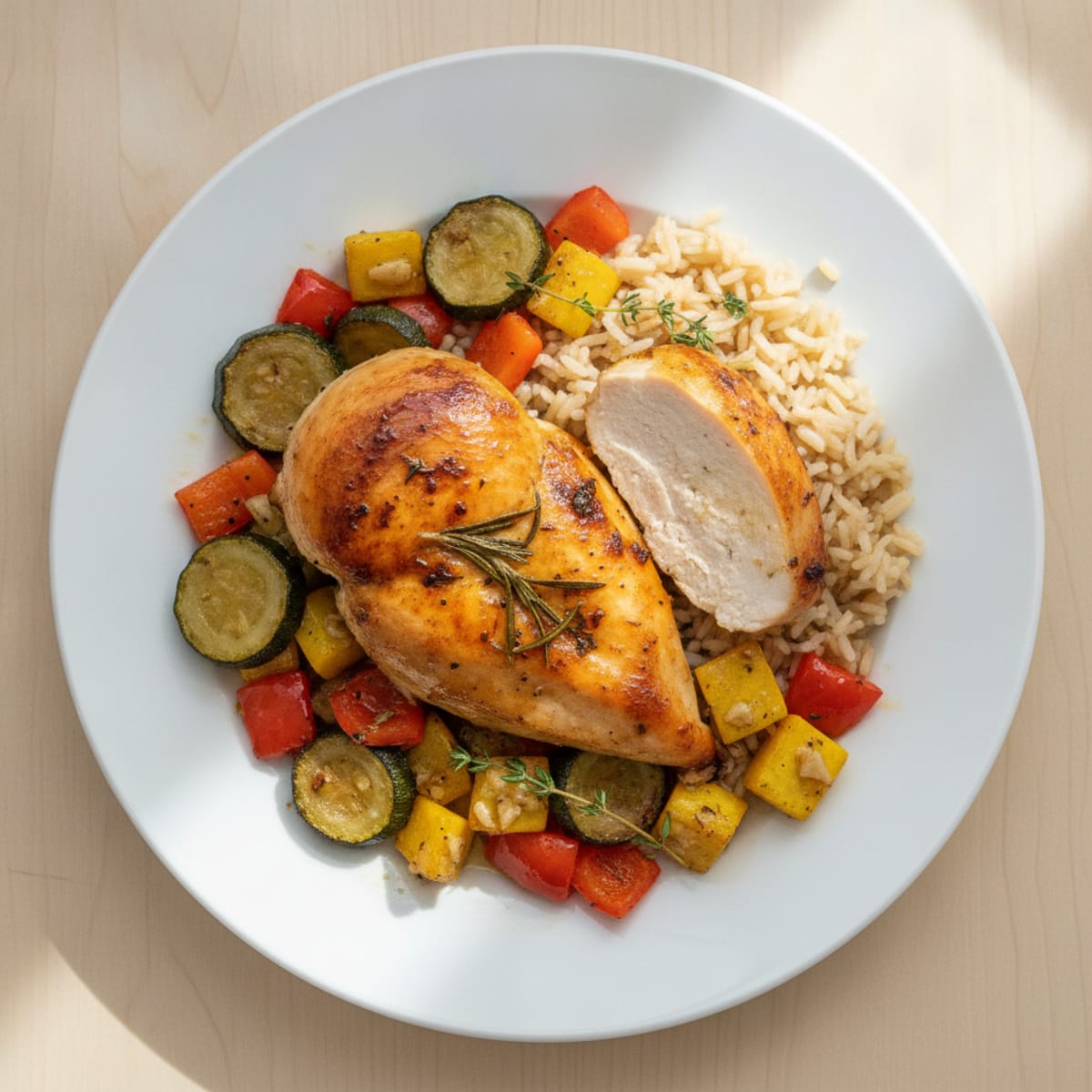 Herb-Roasted Chicken Breast with Rice and Roasted Vegetables