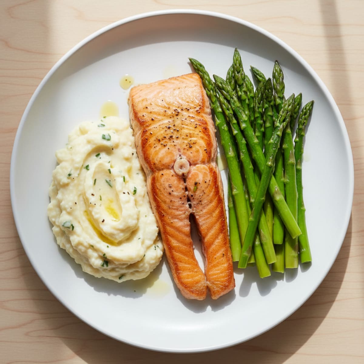 Seared Salmon with Steamed Asparagus and Garlic Mashed Cauliflower
