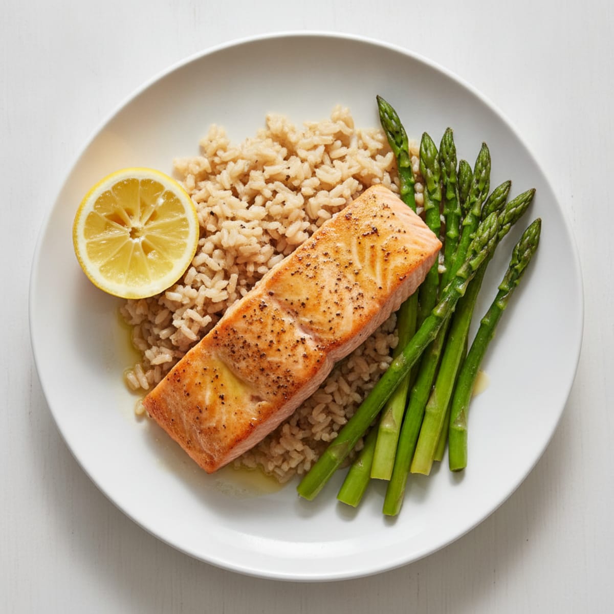 Seared Salmon with Steamed Asparagus and Brown Rice