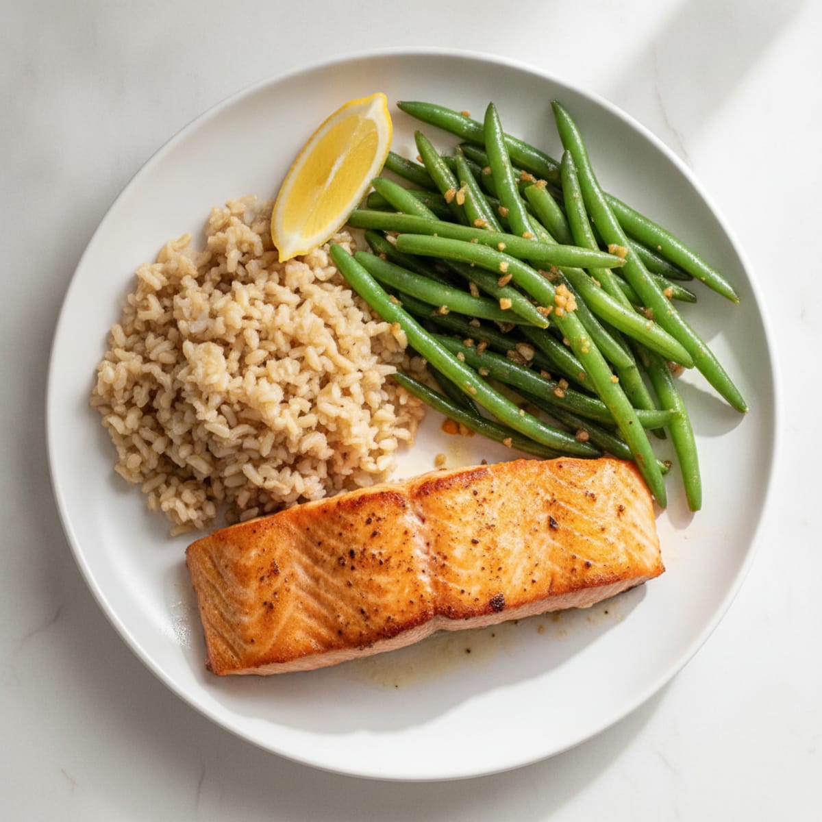 Seared Salmon with Garlic Green Beans and Brown Rice
