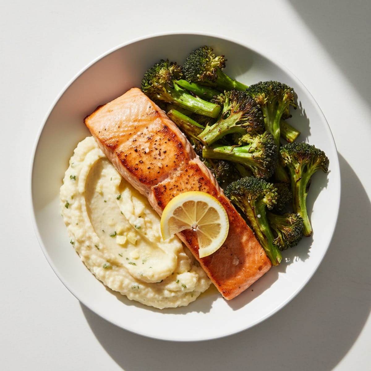 Seared Salmon with Roasted Broccoli and Garlic Cauliflower Mash