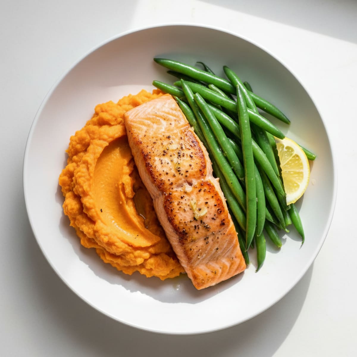Seared Salmon with Steamed Green Beans and Sweet Potato Mash